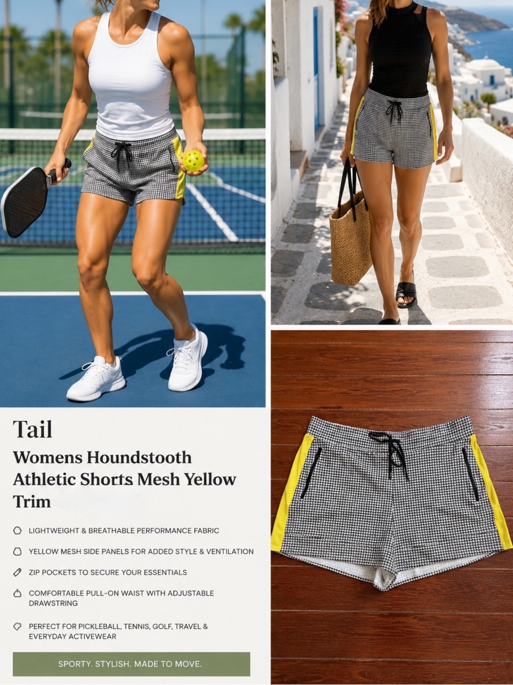Tail Womens Houndstooth Athletic Golf Shorts Mesh Yellow Trim Pickleball~ XL 💚🍄